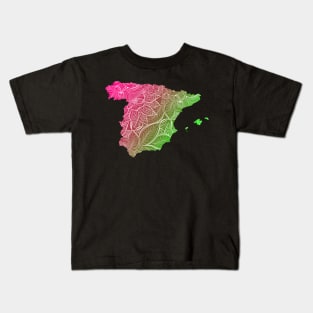 Colorful mandala art map of Spain with text in pink and green Kids T-Shirt